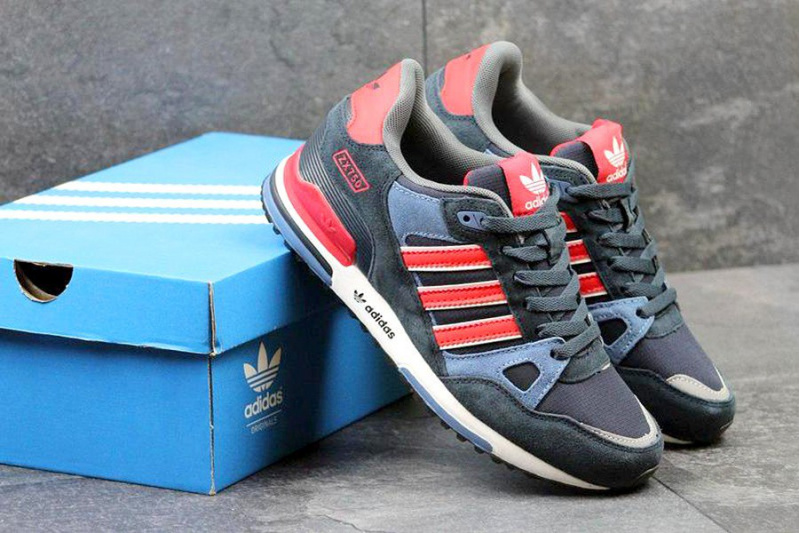 Купить мужские кроссовки Adidas ZX 750 темно-синие с красным и голубым