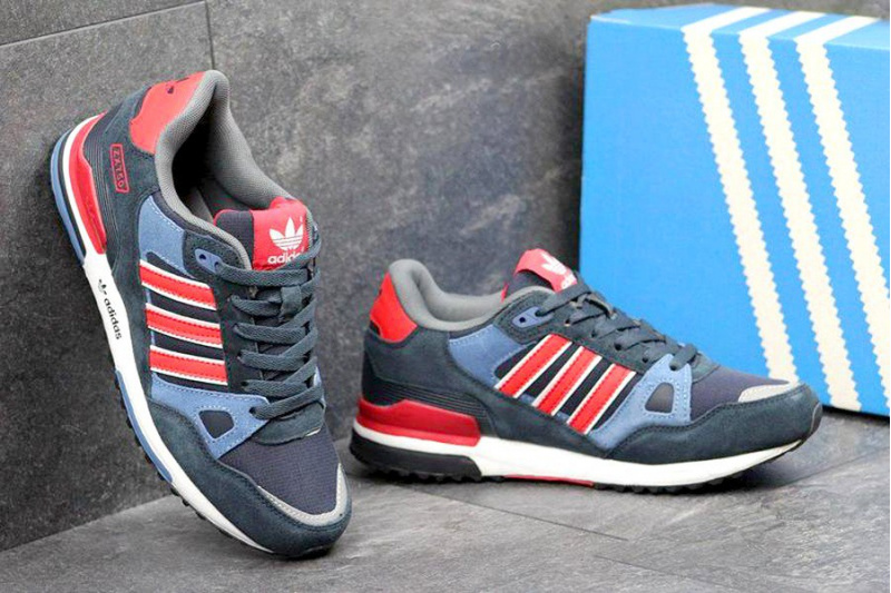 Купить мужские кроссовки Adidas ZX 750 темно-синие с красным и голубым