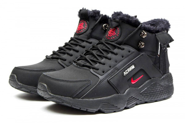 Мужские высокие кроссовки на меху Nike Huarache х Acronym City Mid черные с красным