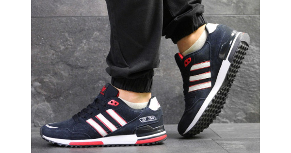 Купить мужские кроссовки Adidas ZX750 темно-синие с белым и красным
