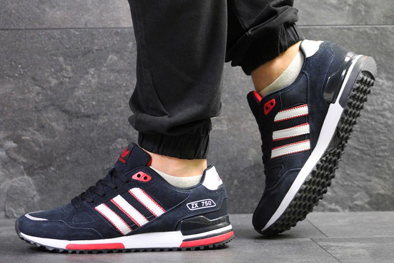 Купить мужские кроссовки Adidas ZX750 темно-синие с белым и красным