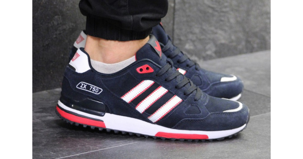 Купить мужские кроссовки Adidas ZX750 темно-синие с белым и красным