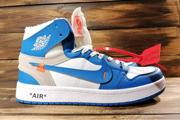 Мужские кроссовки Nike Air Jordan 1 Retro High x Off White голубые с белым