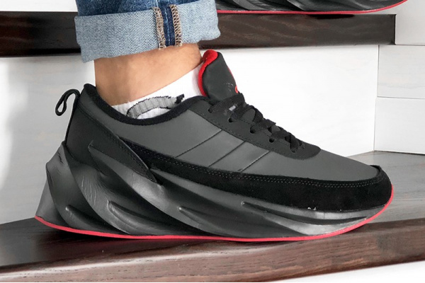 Мужские кроссовки на меху Adidas Sharks Fur черные с темно-серым и красным