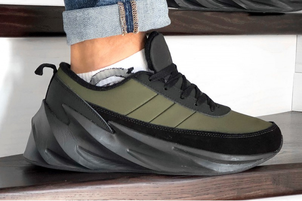 Мужские кроссовки на меху Adidas Sharks Fur хаки с черным