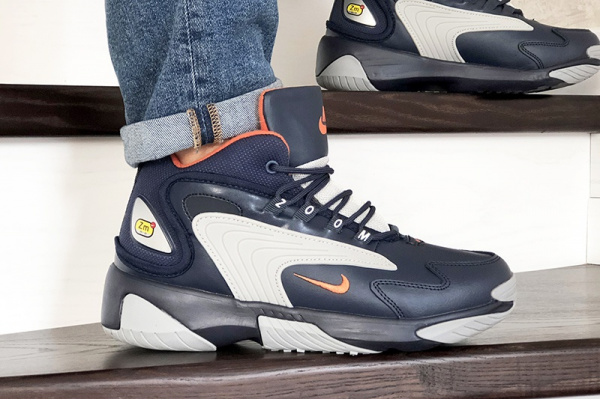 Мужские высокие кроссовки на меху Nike Zoom 2K темно-синие с серым и оранжевым
