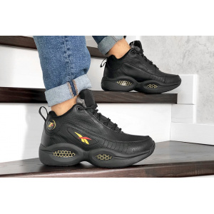 Мужские высокие кроссовки на меху Reebok Iverson Legacy черные с желтым