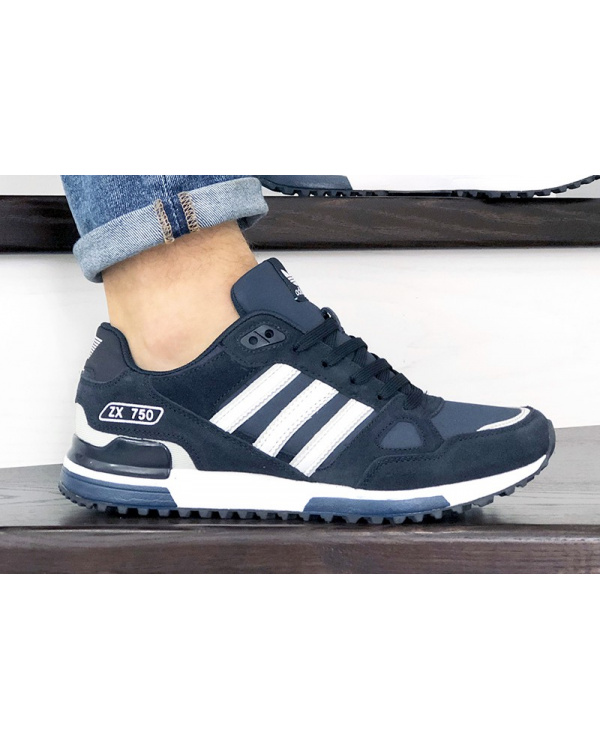 Купить мужские кроссовки Adidas ZX 750 темно-синие с белым