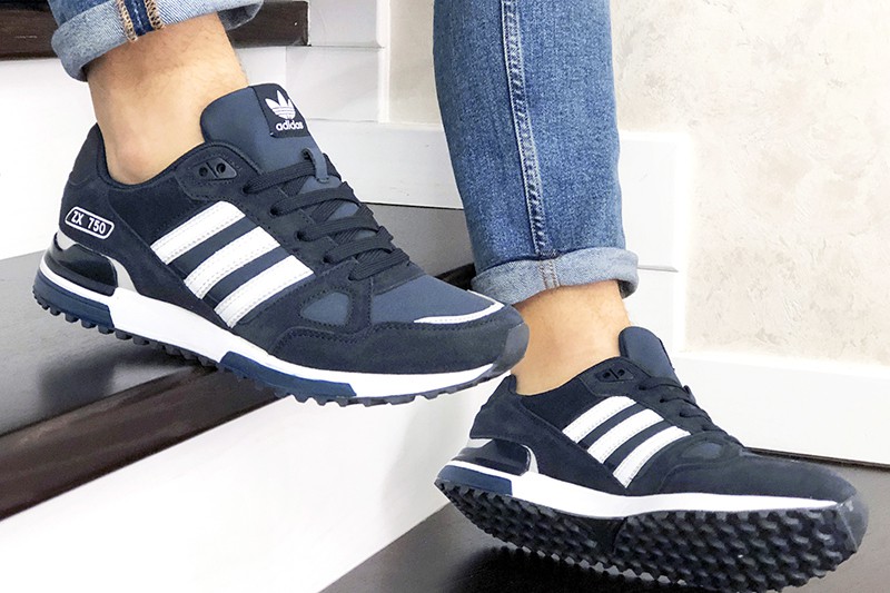 Купить мужские кроссовки Adidas ZX 750 темно-синие с белым