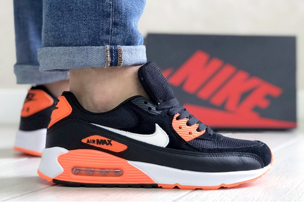 Мужские кроссовки Nike Air Max 90 черные с белым и оранжевым