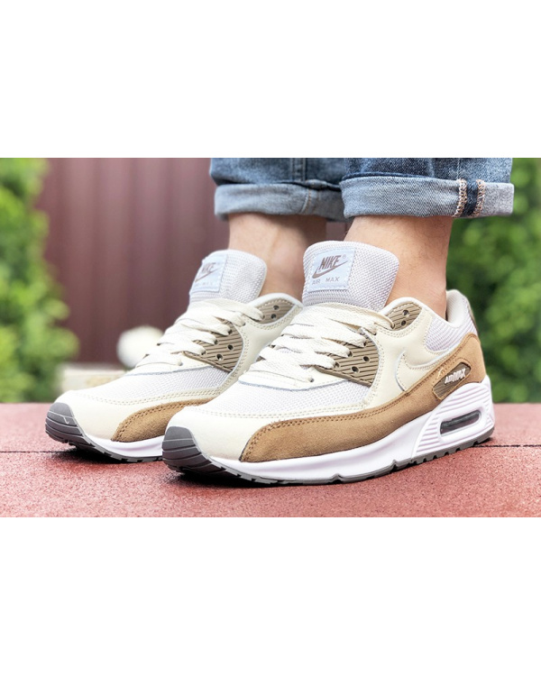 Мужские кроссовки Nike Air Max 90 белые с бежевым и коричневым