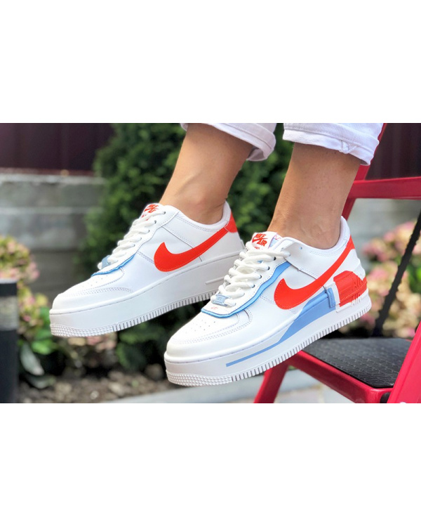 Жіночі кросівки Nike Air Force 1 Shadow білі з червоним и голубым