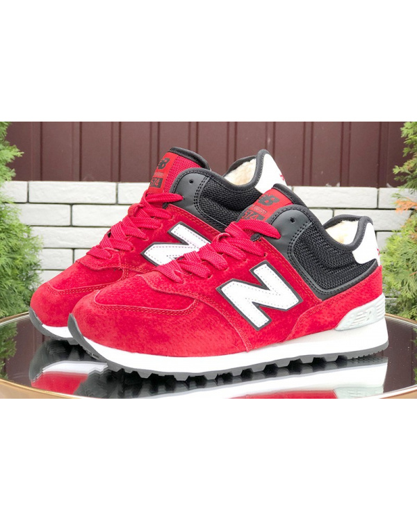 Женские высокие кроссовки на меху New Balance 574 Mid Fur красные
