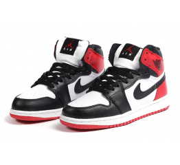 Женские высокие кроссовки на меху Nike Air Jordan 1 Retro High белые с черным и красным