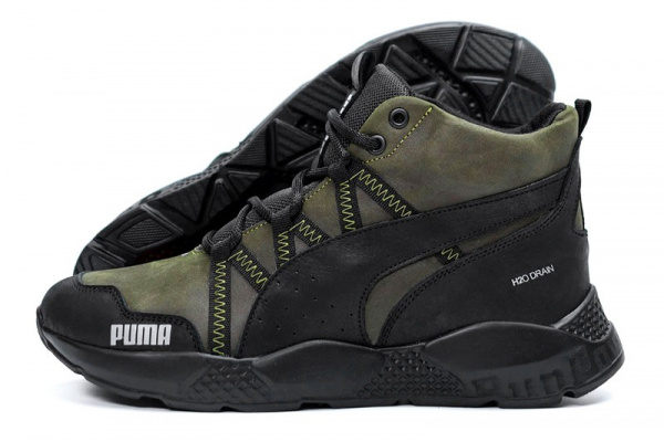 Мужские ботинки на меху Puma зеленые с черным