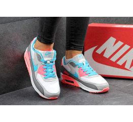 Женские кроссовки Nike Air Max 90 серые с голубым и коралловым