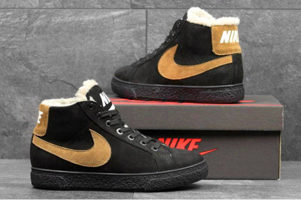 Мужские высокие кроссовки на меху Nike Blazer Mid черные с коричневым