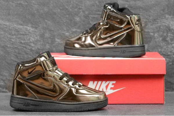 Женские высокие зимние кроссовки на меху Nike Air Force 1 High Premium iD Liquid Gold Metallic золотые