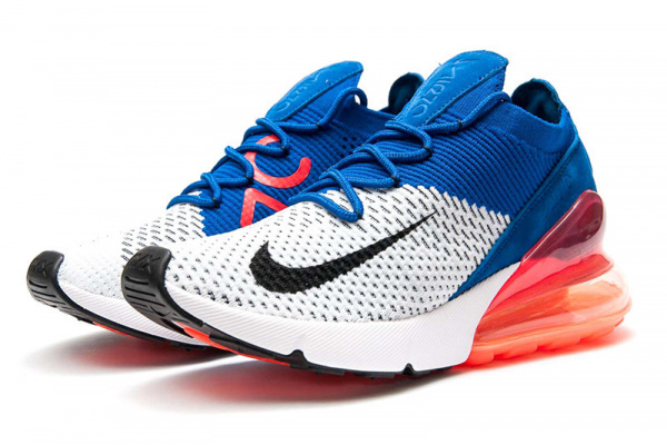 Мужские кроссовки Nike Air Max 270 Flyknit белые с синим и оранжевым